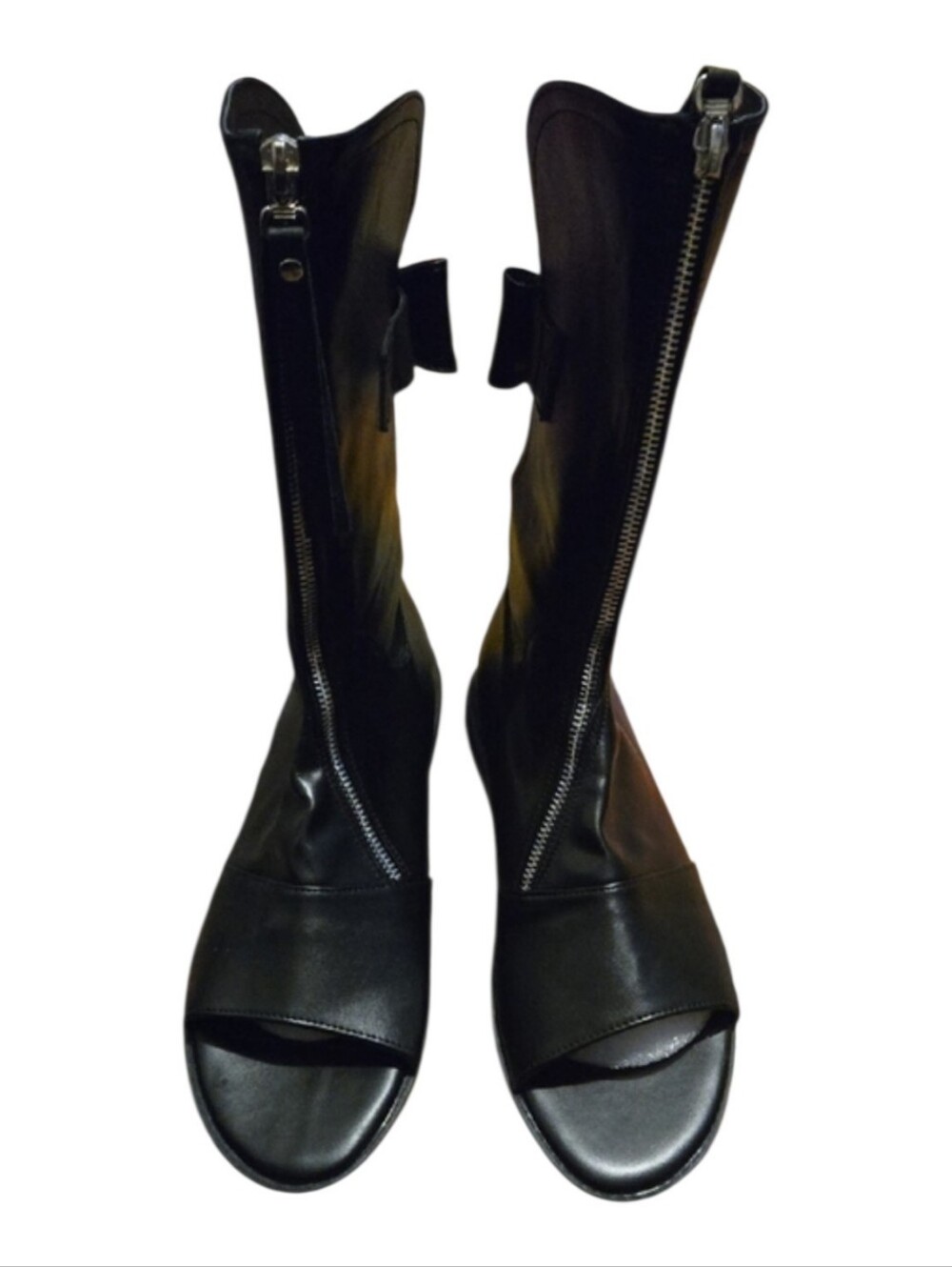 Black Leather Open-Toe Zip Mid-Calf Women's Boots